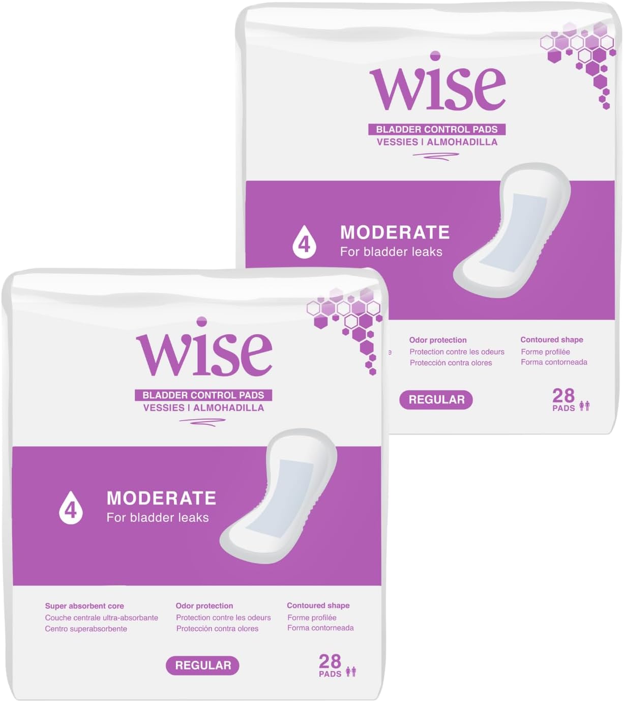 Wise Incontinence Pads for Women Moderate Absorbency, Bladder Leakage & Odor Control Liner Pad, Regular Length, 56 Counts (2 Pack of 28)